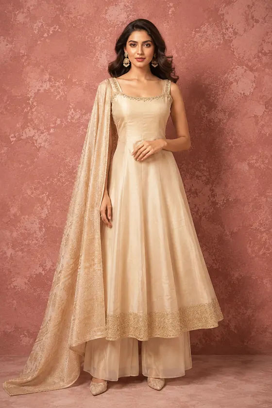 Ivory embroidered anarkali suit with palazzo and dupatta
