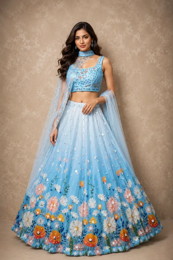 Sky blue floral print lehenga with choli and dupatta