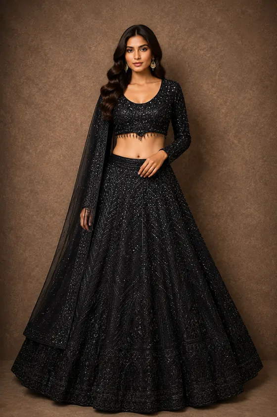 Black sequinned lehenga with long-sleeve embellished blouse