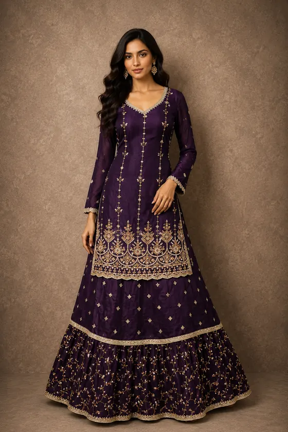 Aubergine embroidered layered kurta-style lehenga