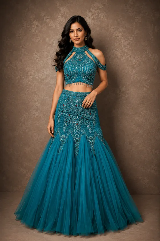 Teal beaded halter lehenga with tulle skirt