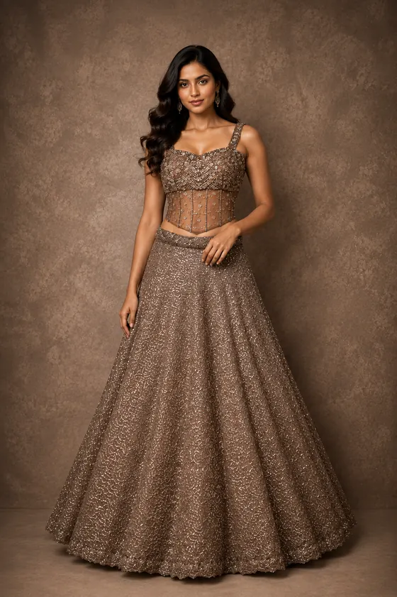 Taupe sequinned corset lehenga