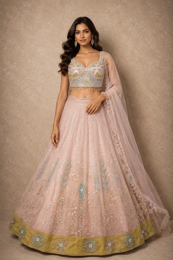 Blush pastel embroidered lehenga with green border