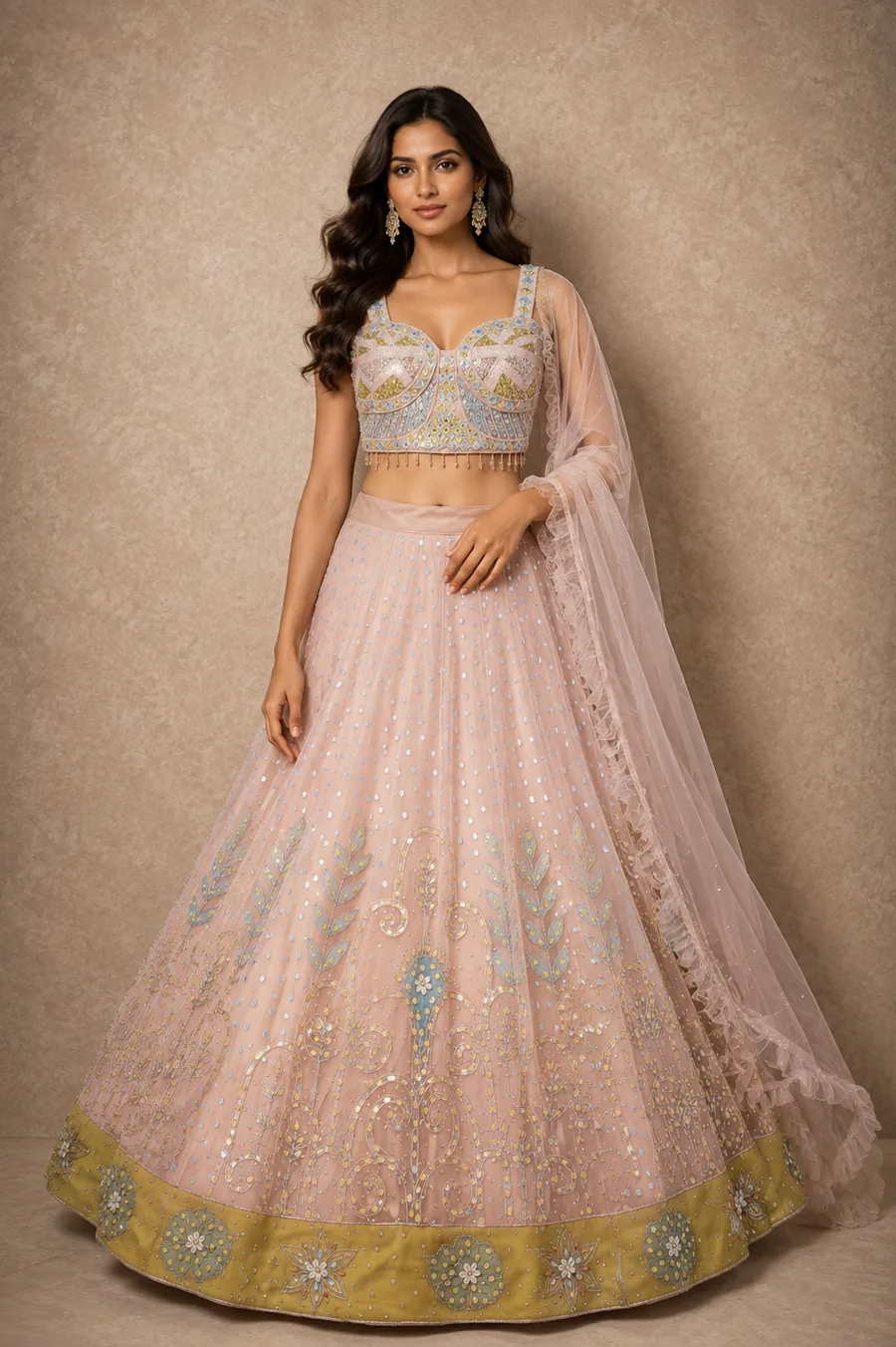Blush pastel embroidered lehenga with green border