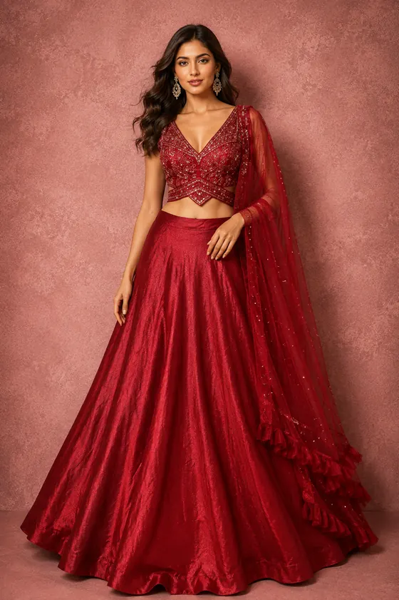 Maroon satin lehenga with ruffle net dupatta