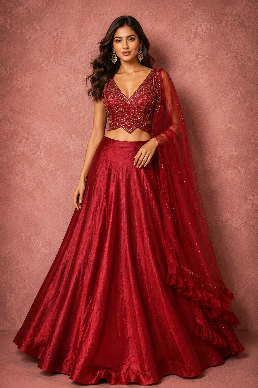 Maroon satin lehenga with ruffle net dupatta