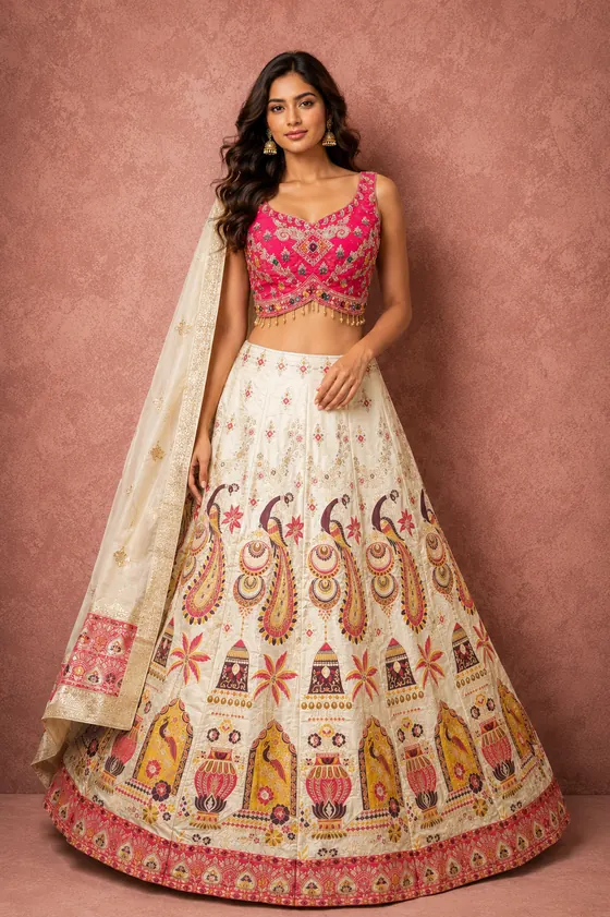 Ivory peacock motif printed lehenga with pink blouse