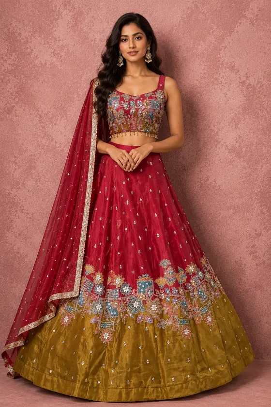 Red and mustard floral printed lehenga