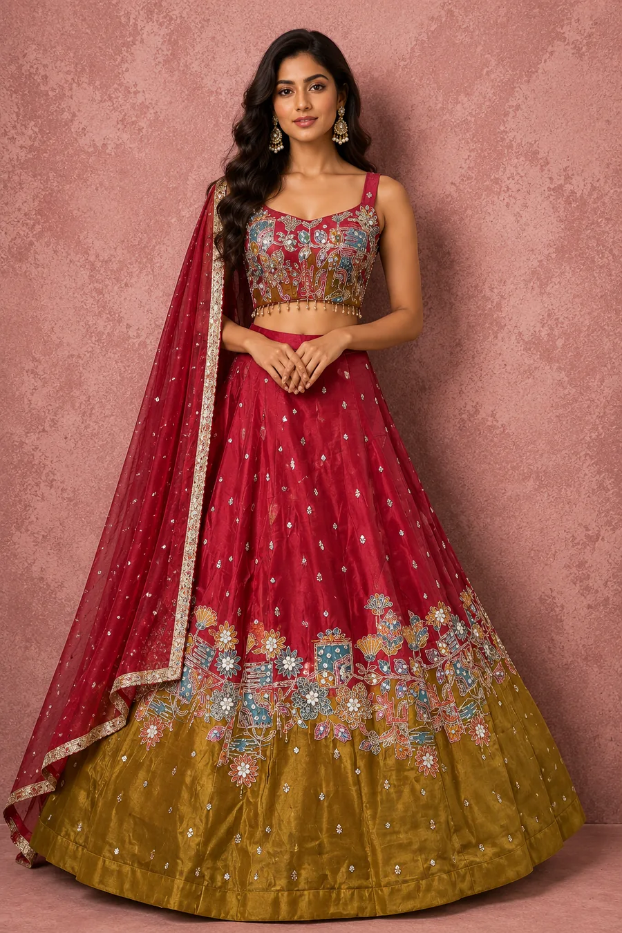 Red and mustard floral printed lehenga
