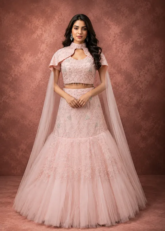 Blush pink beaded lehenga with cape-sleeve blouse