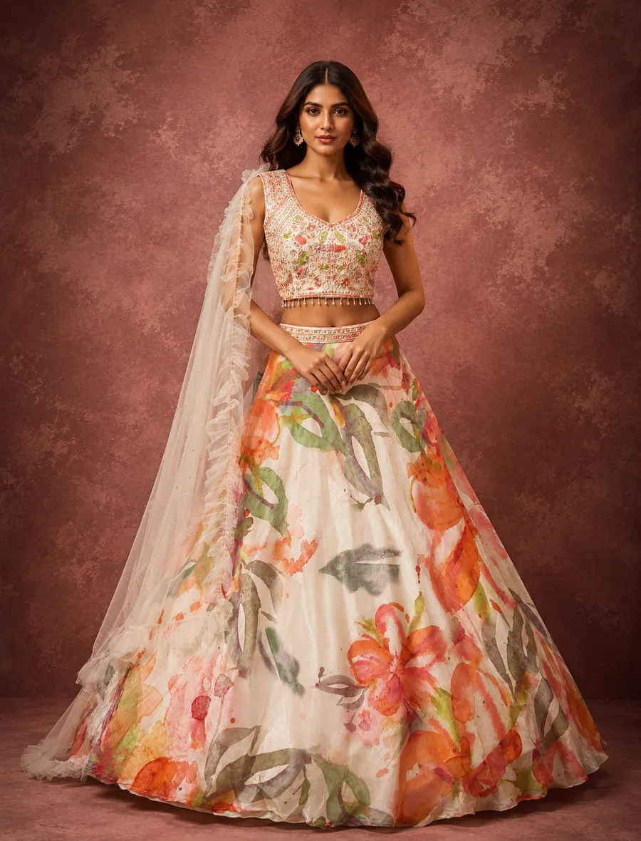 Ivory watercolor floral printed lehenga