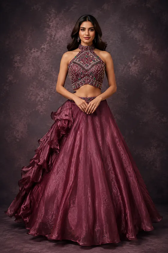 Wine halter neck lehenga with beaded bodice and ruffled skirt