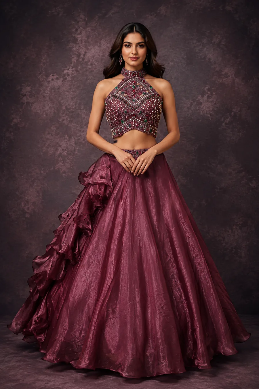 Wine halter neck lehenga with beaded bodice and ruffled skirt