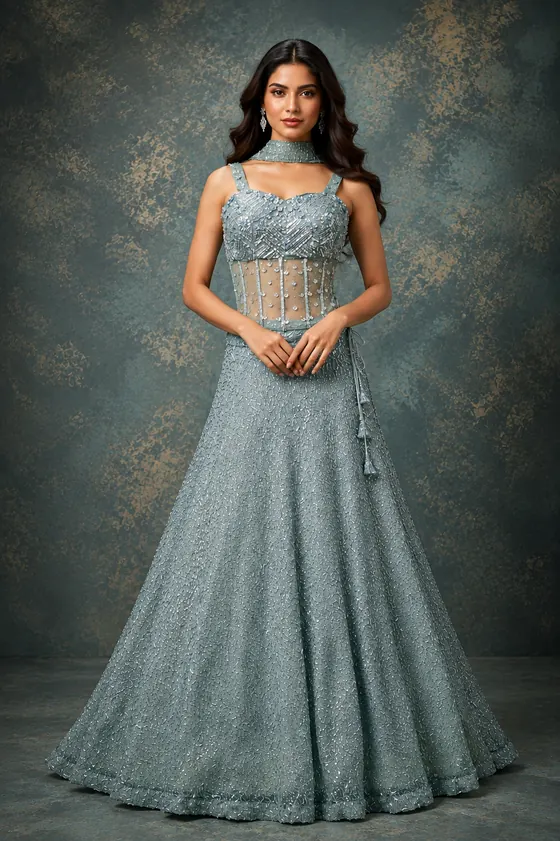 Dusty blue beaded corset lehenga with sheer bodice panel