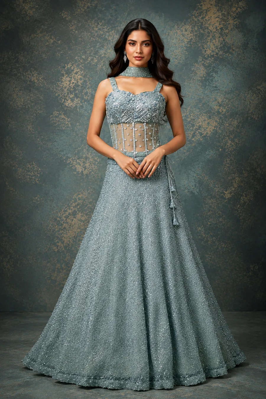 Dusty blue beaded corset lehenga with sheer bodice panel