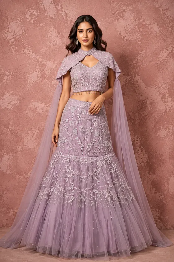 Lavender embroidered lehenga with cape-sleeve blouse