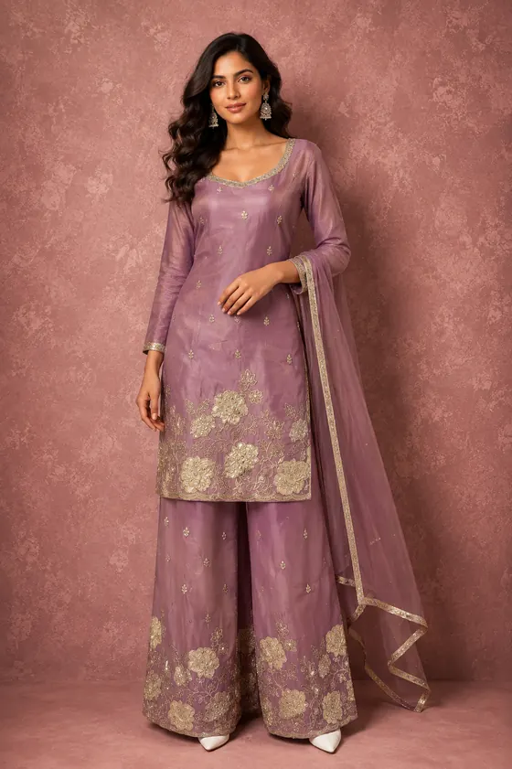 Mauve floral embroidered kurta sharara set with net dupatta