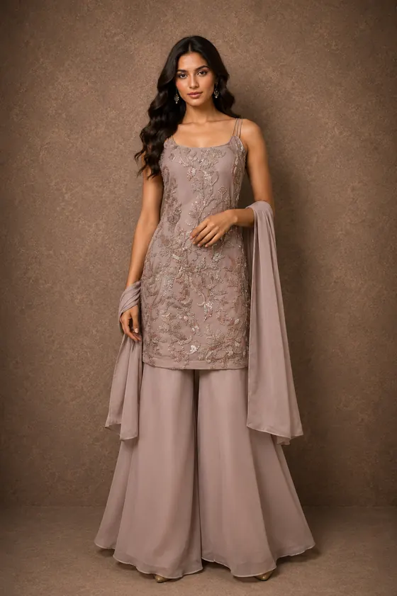 Taupe sequin vine embroidered cami sharara set
