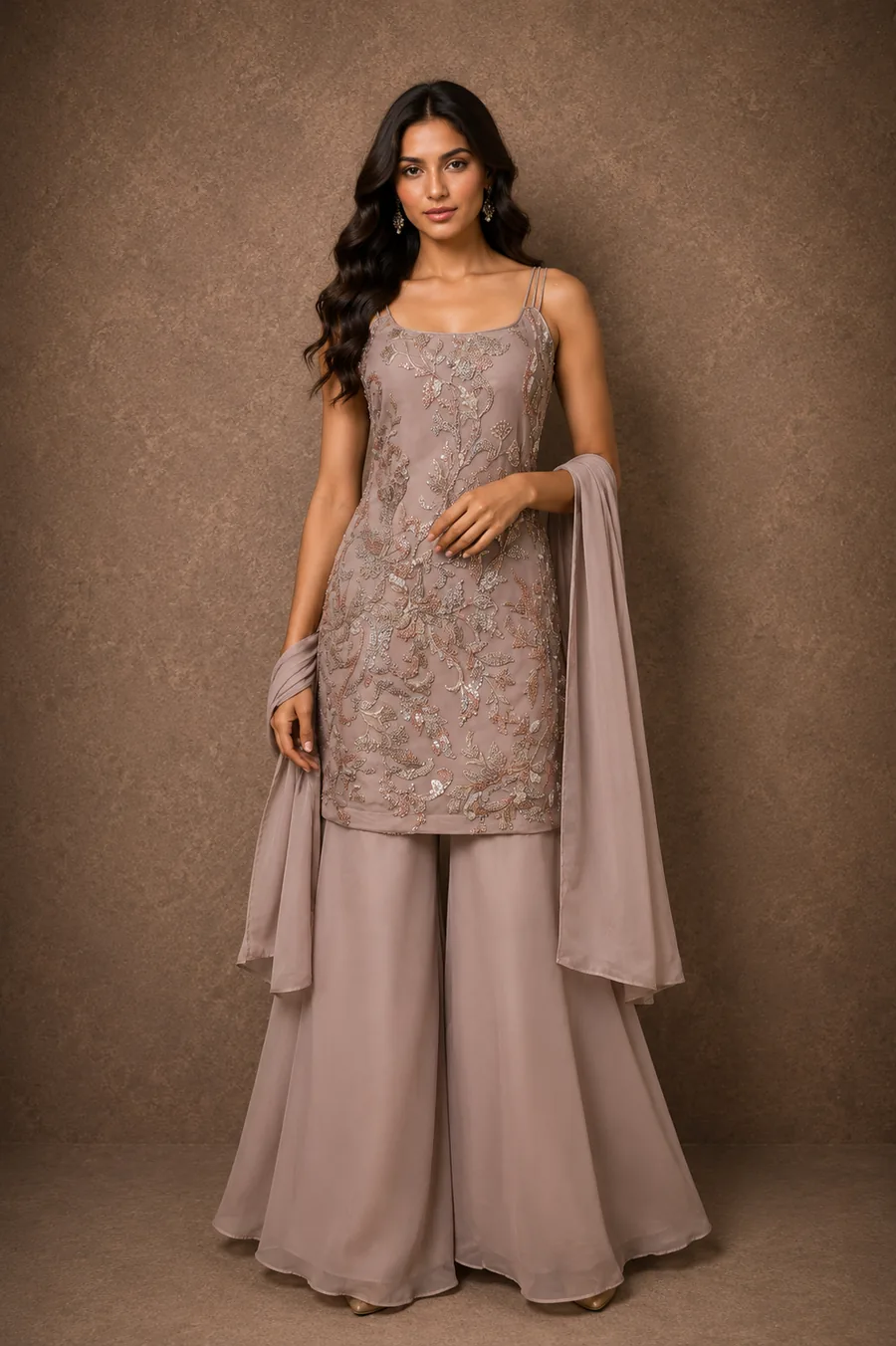Taupe sequin vine embroidered cami sharara set