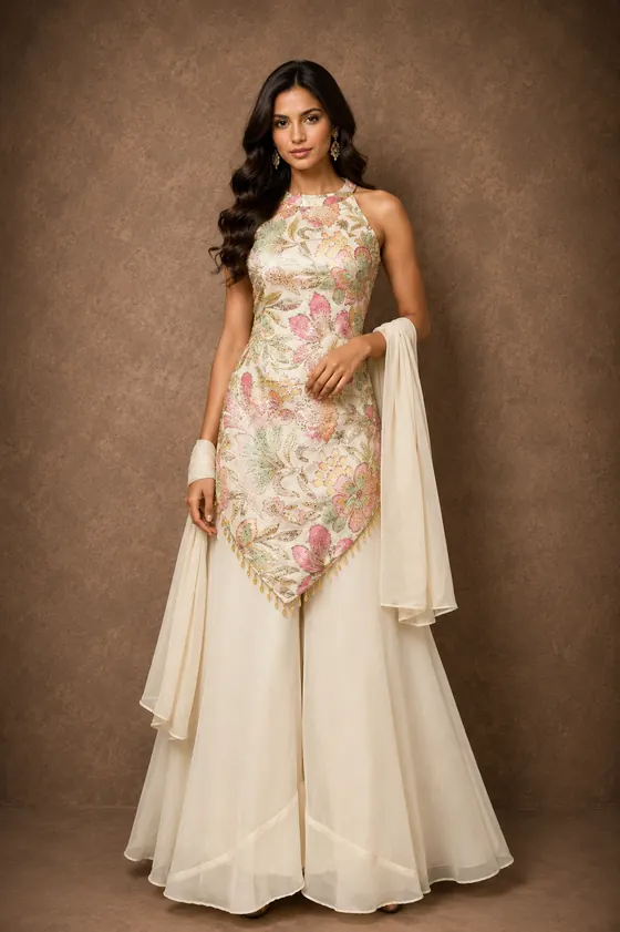 Ivory floral embroidered halter kurta sharara set with beaded fringe