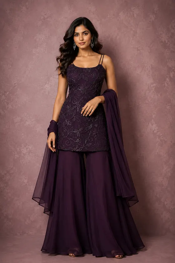 Aubergine beaded strappy kurta sharara set