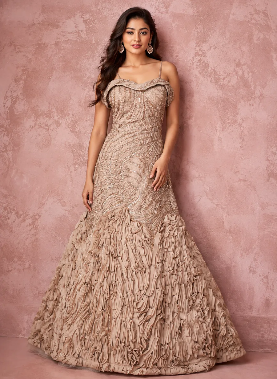 Mocha ruffled off-shoulder ball gown with embellished bodice