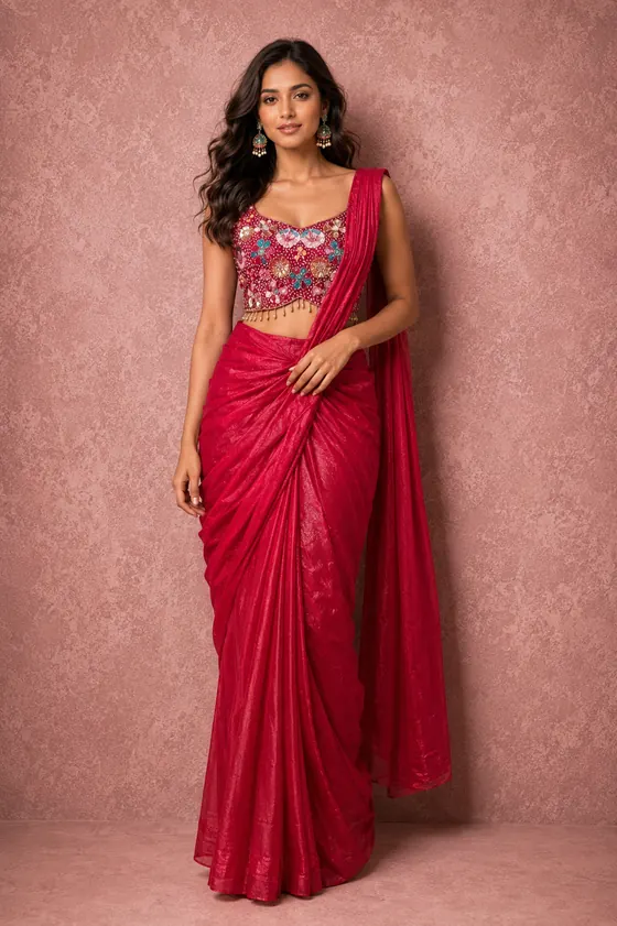 Crimson pre-draped saree with embellished floral blouse