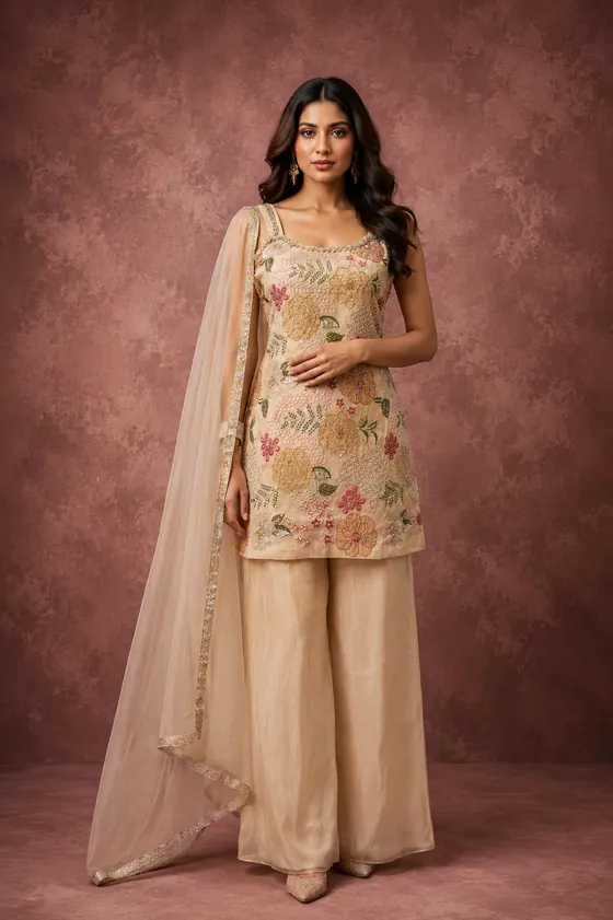 Beige floral embroidered short kurta with palazzo and dupatta