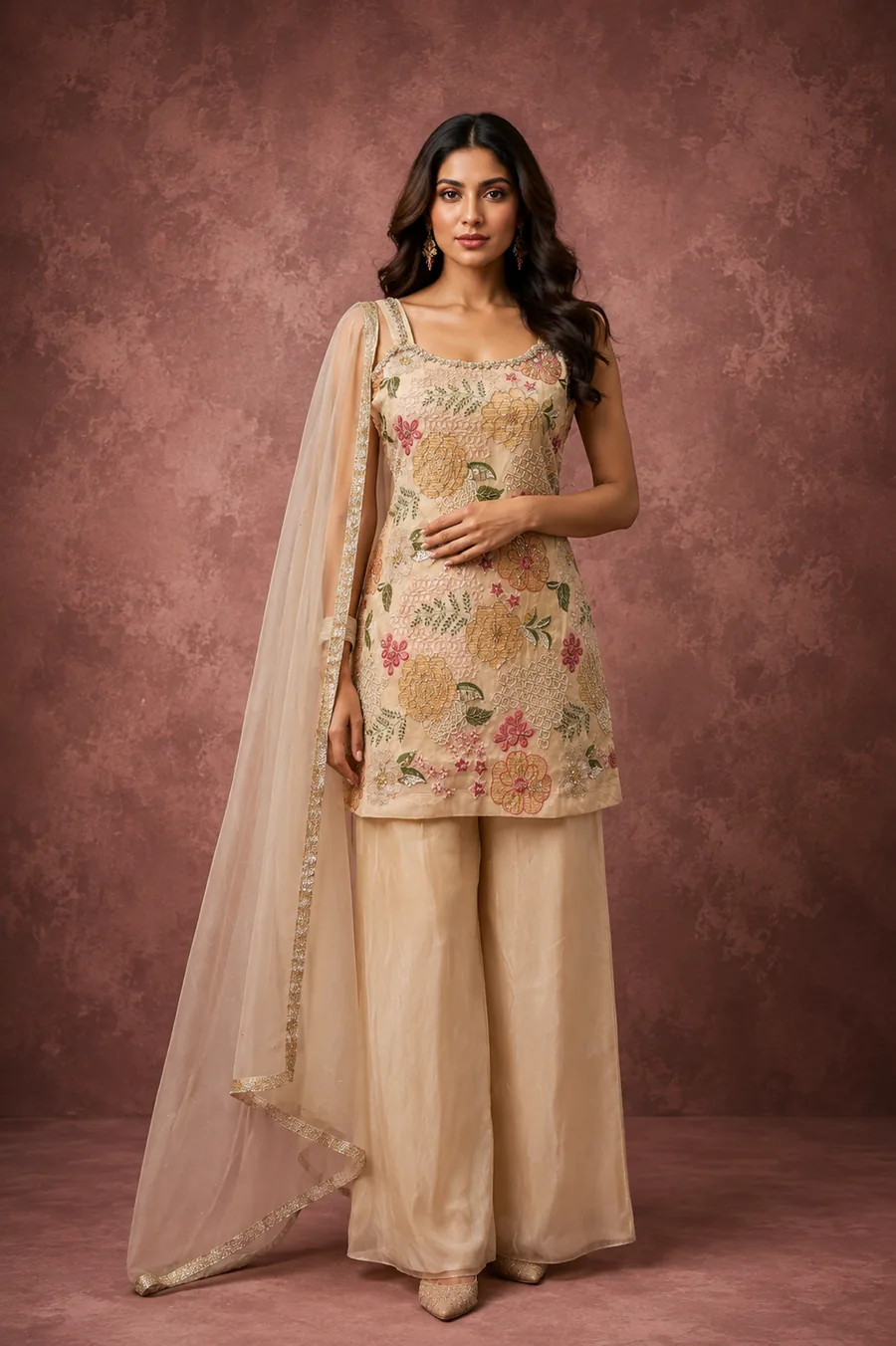 Beige floral embroidered short kurta with palazzo and dupatta