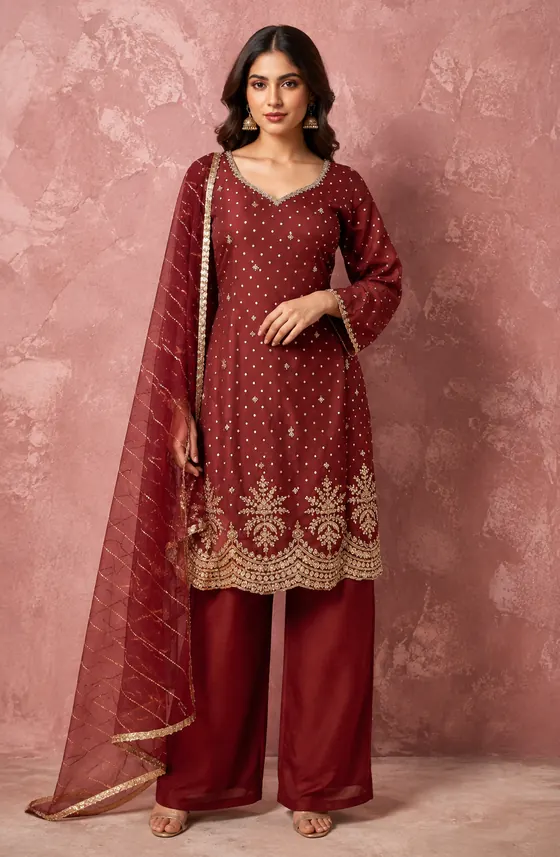 Maroon embellished kurta with palazzo pants and net dupatta