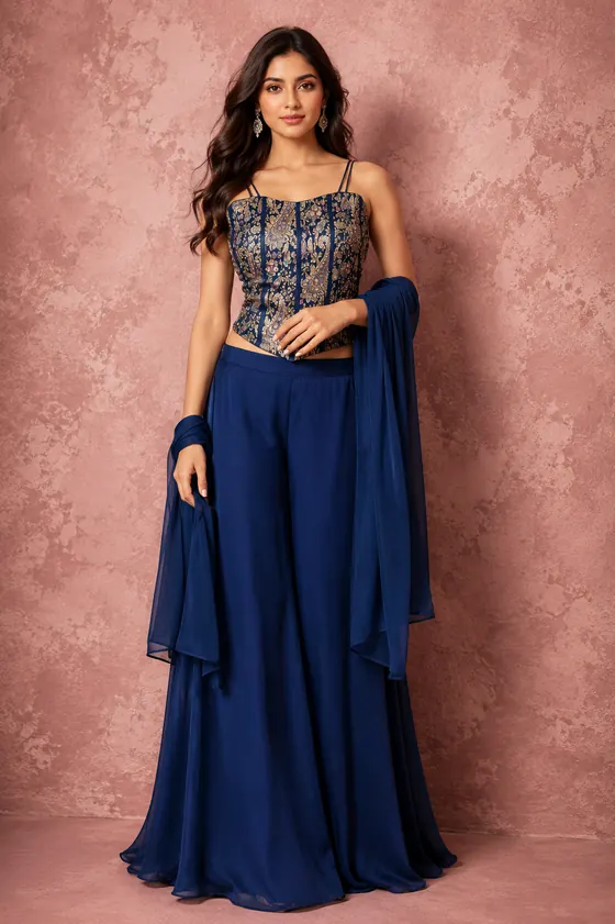 Navy brocade corset top with flowing palazzo pants