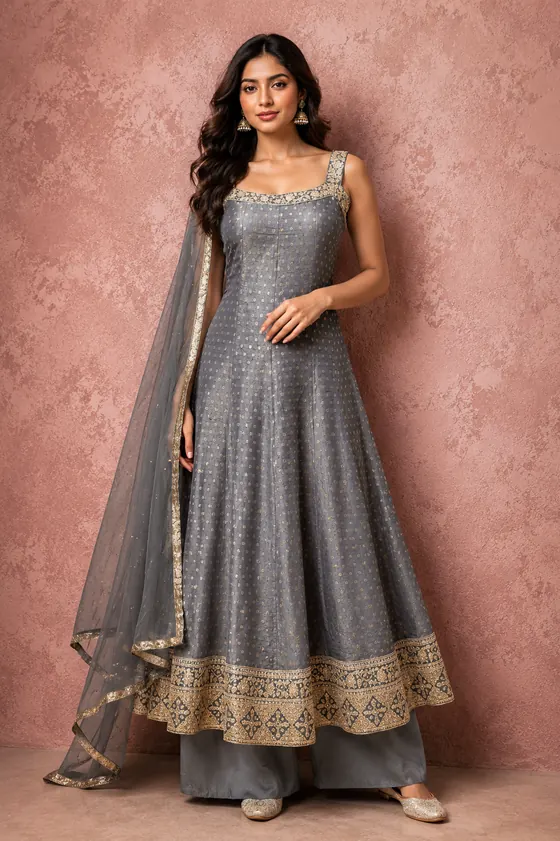 Grey anarkali suit with gold embroidered border and dupatta