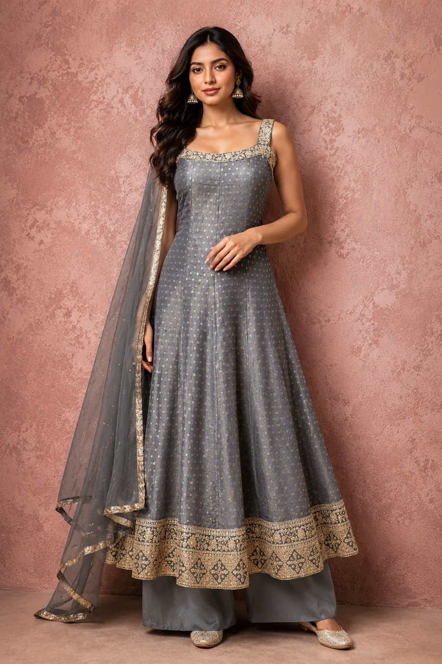 Grey anarkali suit with gold embroidered border and dupatta