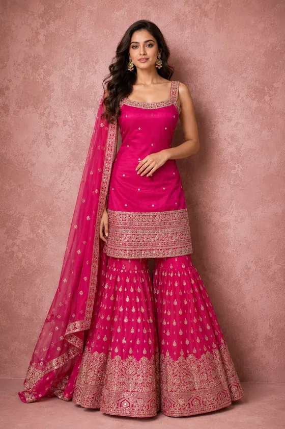 Magenta embroidered gharara suit with heavy border work