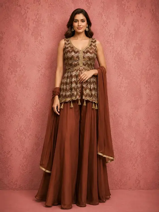 Chevron embellished peplum sharara set