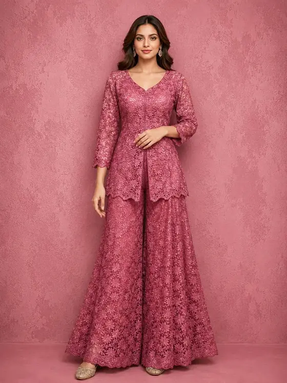 Rose lace jacket palazzo set