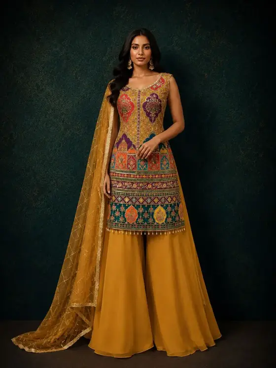 Multicolour embroidered fusion suit set