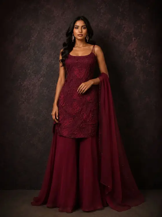 Maroon embroidered sharara set