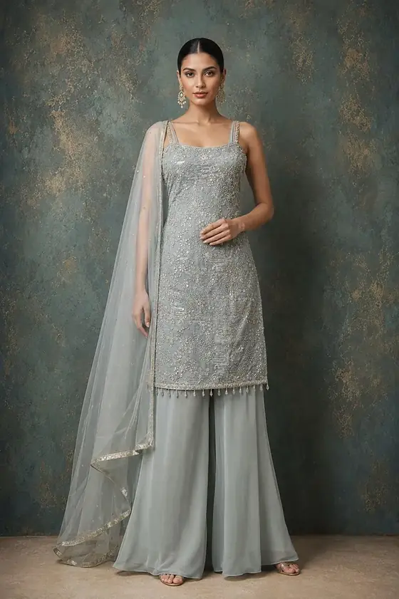 Silver embroidered plazzo set