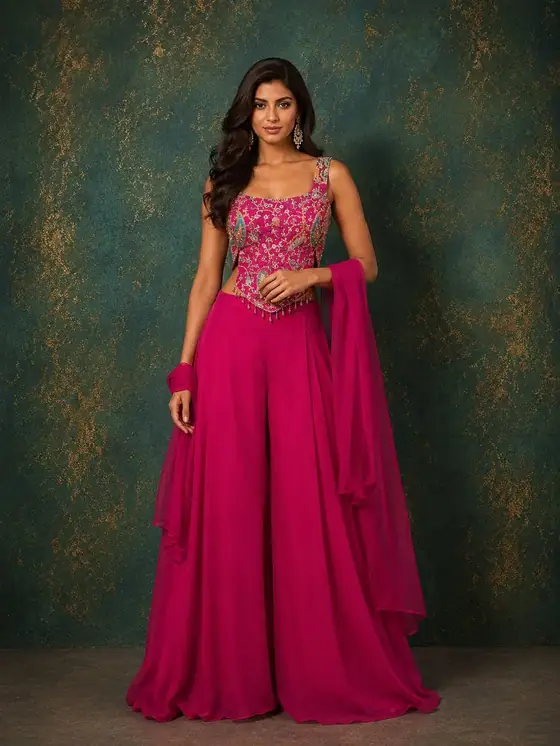 Magenta embroidered plazzo set