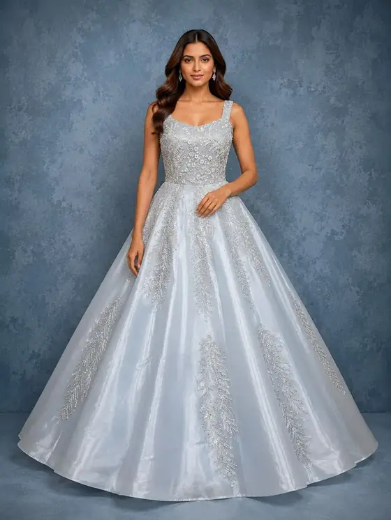 Silver blue beaded ball gown