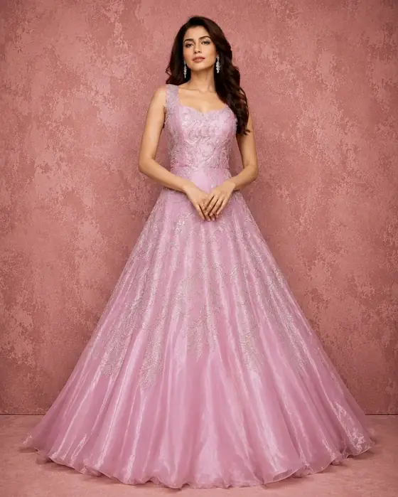 Pink feather embroidered gown