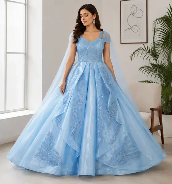 Sky blue cape sleeve gown