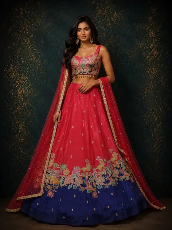 Floral panel silk lehenga