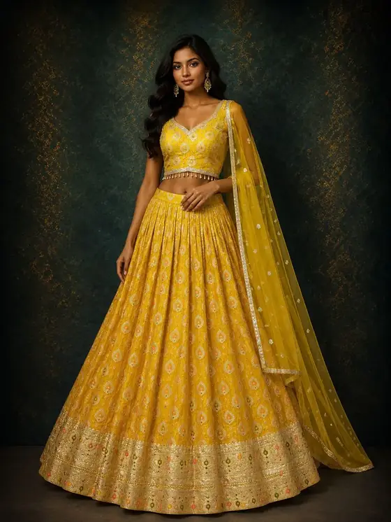 Yellow zari border lehenga