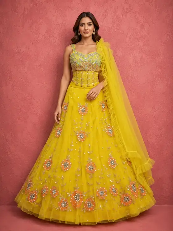 Yellow floral corset lehenga