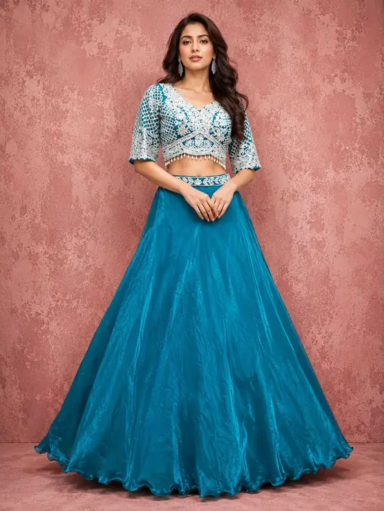 Teal crop top lehenga