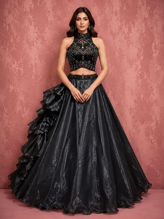 Black halter ruffle lehenga