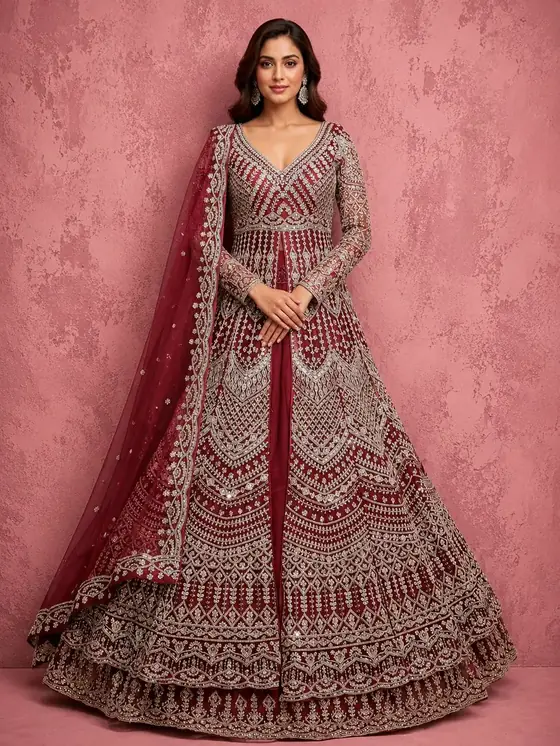 Maroon heavily embroidered bridal lehenga