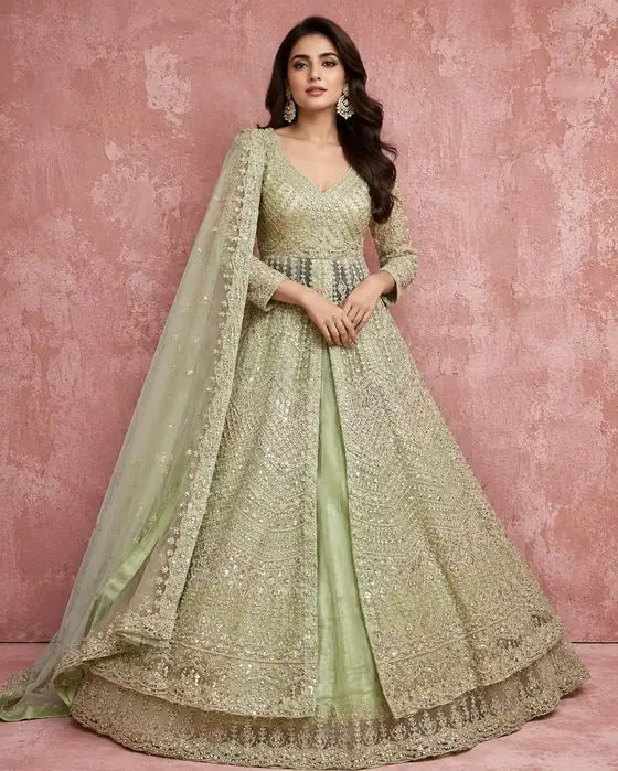 Sage green heavily embroidered lehenga